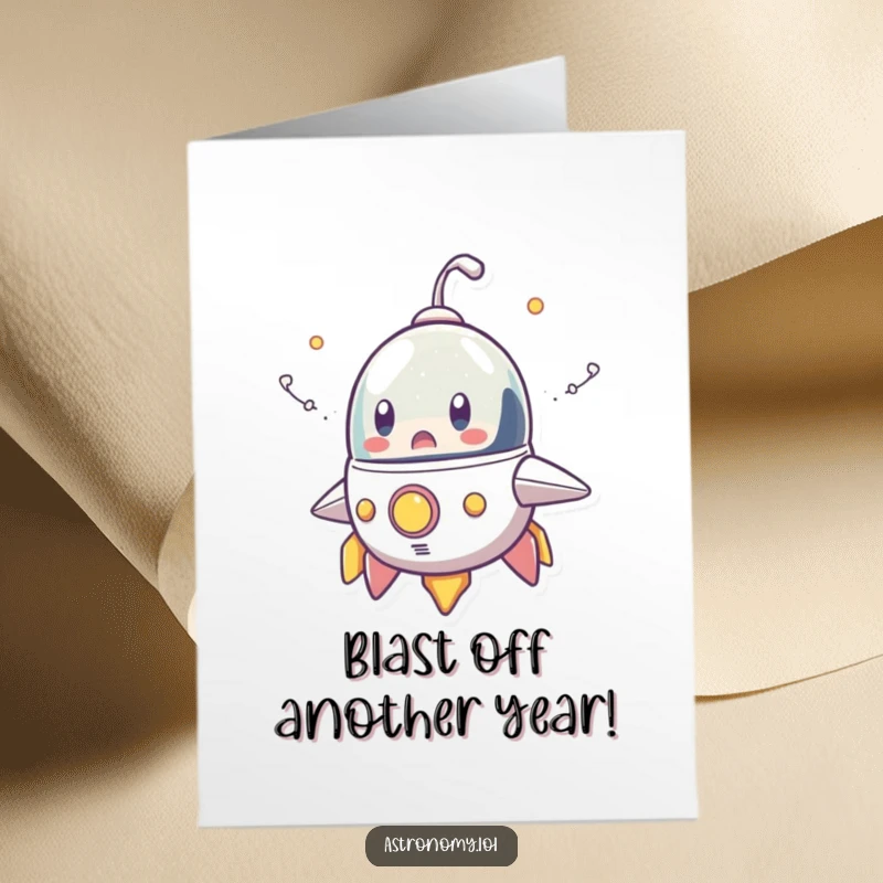 Funny Free Printable Birthday Card of a startled spaceship character spewing comical smoke as it unexpectedly blasts off, great for DIY gifts.