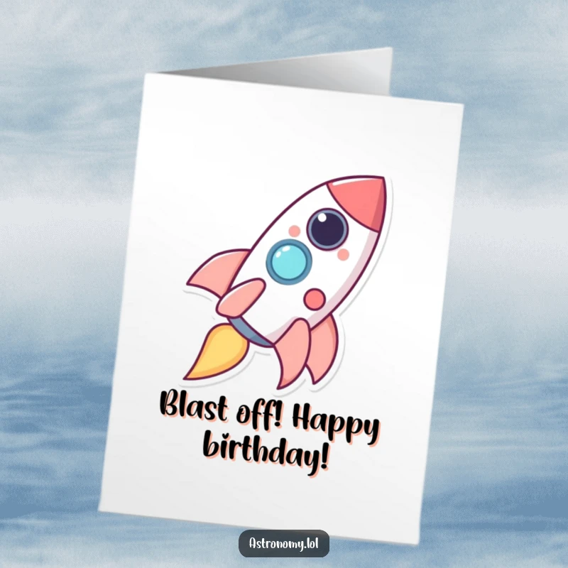 Funny Free Printable Birthday Card: Happy rocket ship character leaving a trail of giggles, soaring through space.
