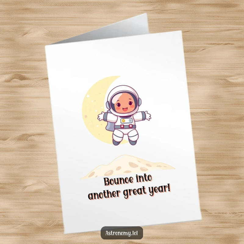 Funny Free Printable Birthday Card: Happy astronaut character gleefully bounces high on the moon's surface.