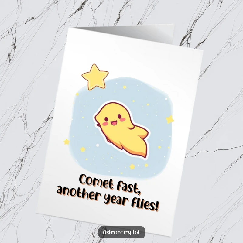 Funny Free Printable Birthday Card: A beaming comet character with a long, sparkly tail streaking across a dark starry sky.
