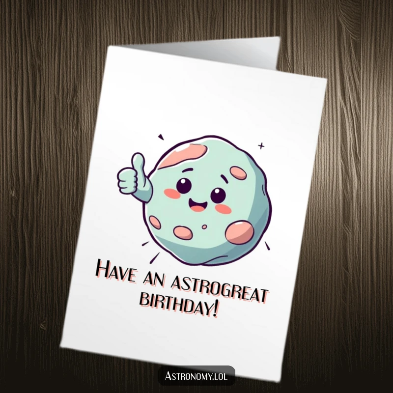 Funny free printable birthday card featuring a bouncing asteroid giving a cheerful thumbs up, celebrating with cosmic energy and a big smile.