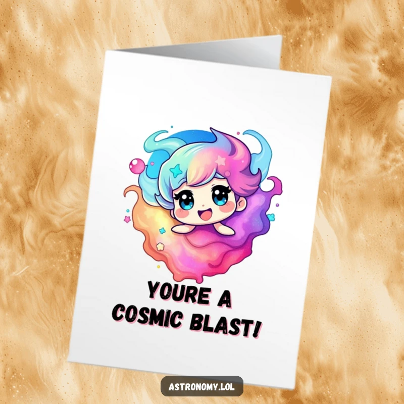 Funny free printable birthday card featuring a delighted nebula character swirling with vibrant, joyous colors, ready to celebrate.