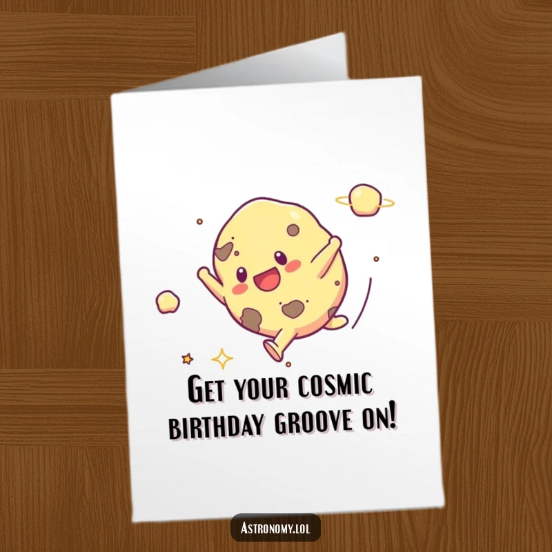 Funny Free Printable Birthday Card: Cheerful asteroid with arms and legs doing a cartwheel in vibrant outer space.