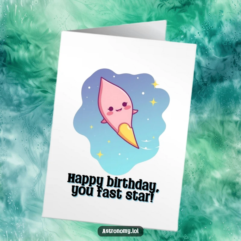 Funny Free Printable Birthday Card: A giggling comet character with a smiling face streaking swiftly across the night sky.