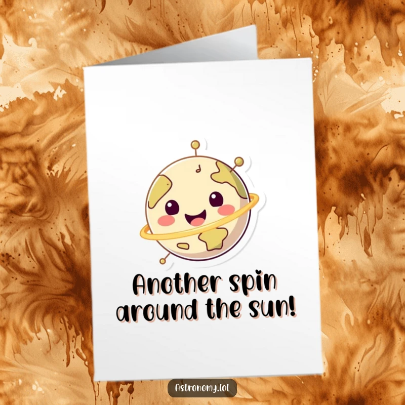 Funny Free Printable Birthday Card: A cheerful planet character joyfully spinning on its axis, full of birthday glee.