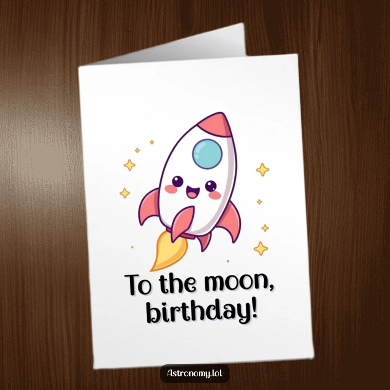 Funny Free Printable Birthday Card: Delighted rocket ship character blasting off with a vibrant, cheerful trail for a fun wish.