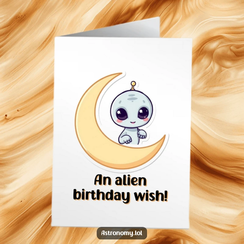 Funny Free Printable Birthday Card featuring a mischievous alien peeking from behind a crescent moon, perfect for a mysterious birthday. Downloadable gift.