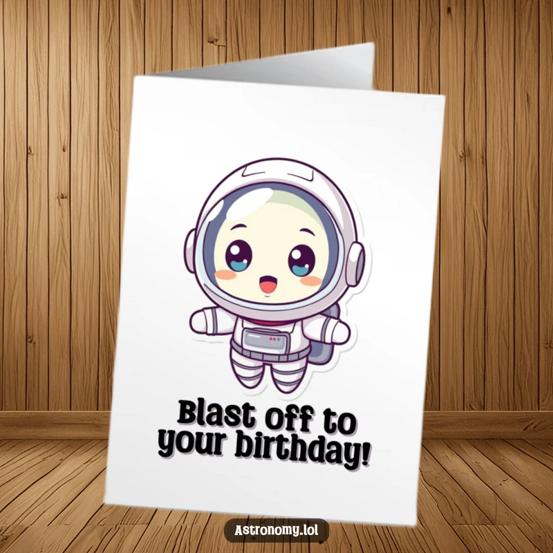 Funny Free Printable Birthday Card: Surprised astronaut floating with wide eyes, expressing shock and amusement.