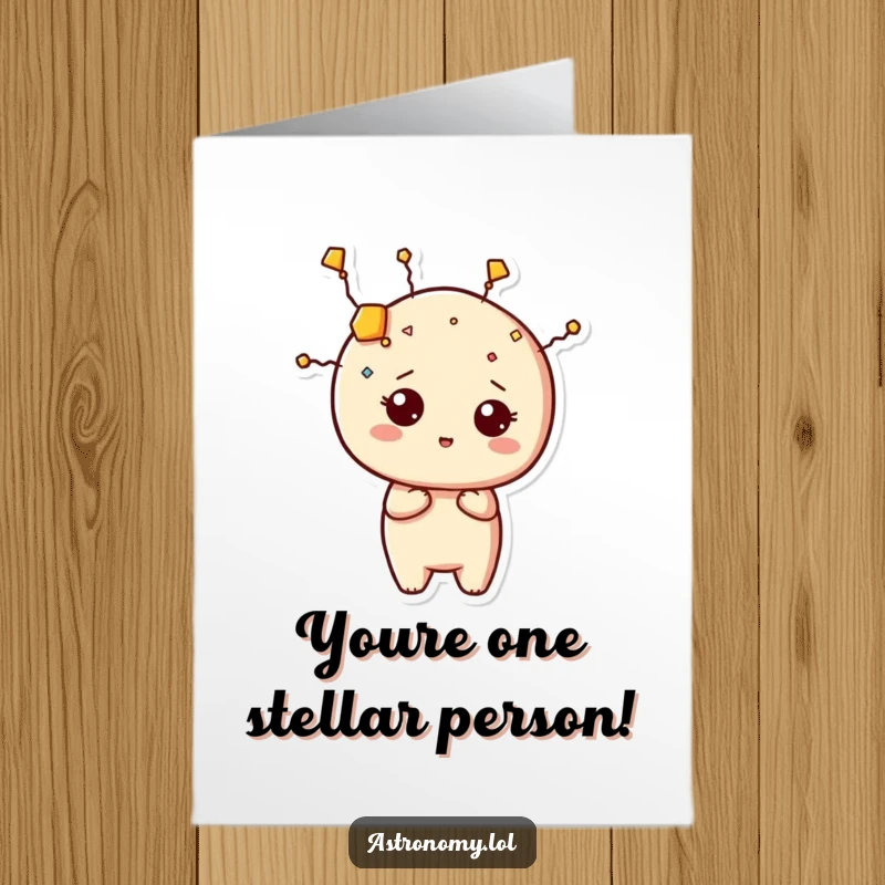 Funny free printable birthday card featuring a curious constellation character contorting into a humorous shape, ready to party.