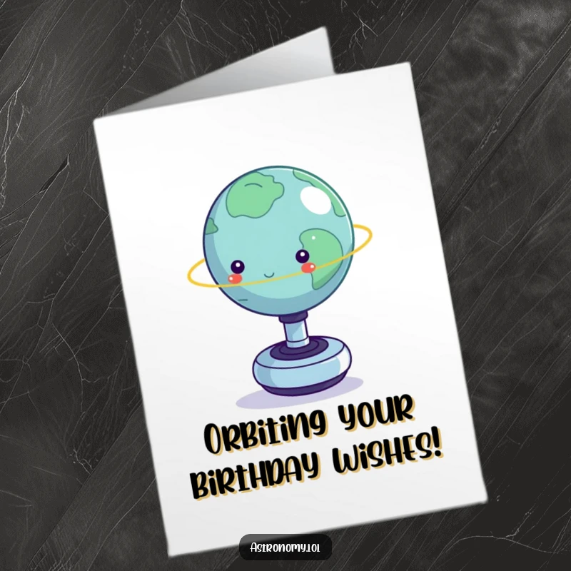 Funny Free Printable Birthday Card: Tiny planet precariously balancing on a spinning fidget toy, looking stressed.
