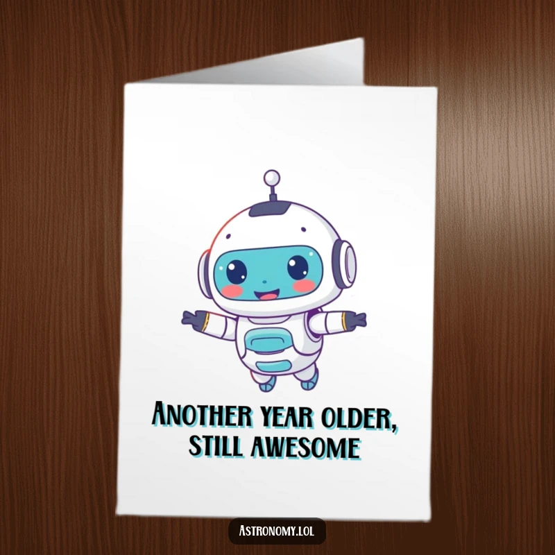 Funny free printable robot card featuring a smiling robot floating joyfully, ready to deliver birthday wishes with a charming, quirky vibe.