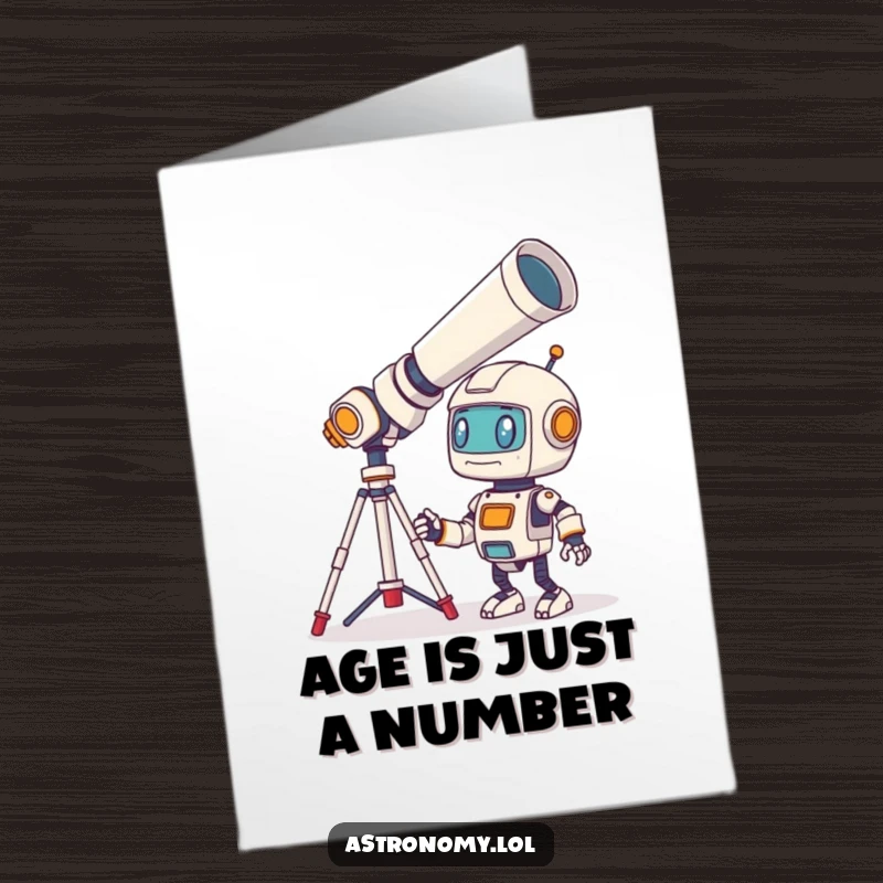 Funny Free Printable Birthday Card: A bewildered little robot character looking through a giant telescope with wide, surprised eyes.