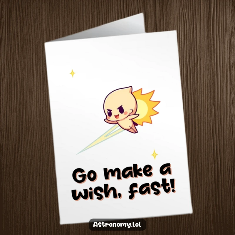Funny Free Printable Meteor Birthday Card featuring a determined character streaking across the sky, wishing a fast and fun birthday.