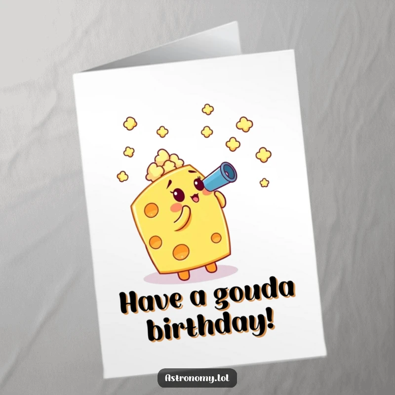Funny Free Printable Birthday Card: A cheese cube peers through a telescope at distant popcorn stars, celebrating a birthday.