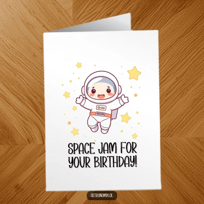Funny Free Printable Birthday Card featuring a cute astronaut joyfully floating amongst colorful stars, ready to deliver laughs. Perfect DIY gift.