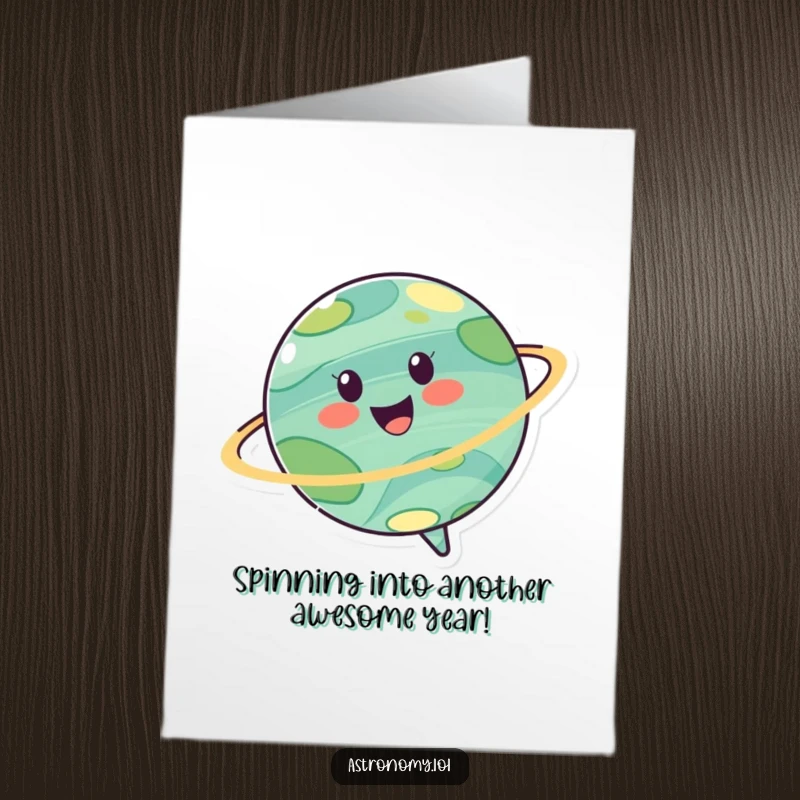 Funny Free Printable Birthday Card: Cheerful planet character spins joyfully, radiating birthday happiness.