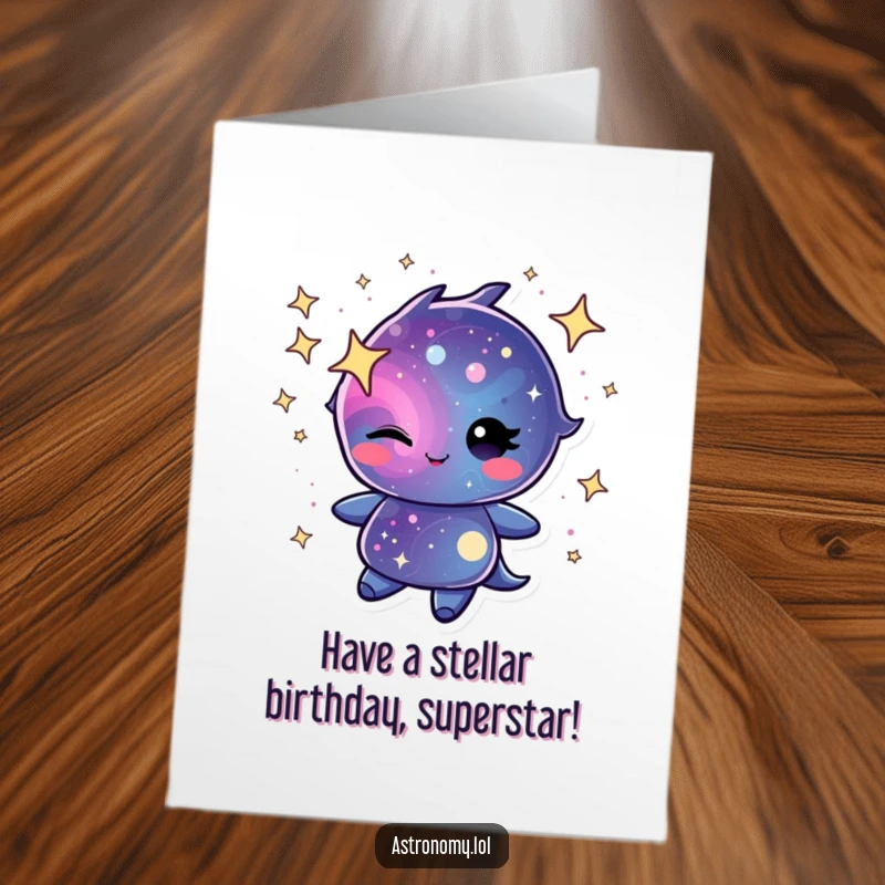 Funny Free Printable Galaxy Birthday Card with a winking character swirling with cheerful stardust, wishing a bright and star-studded birthday.