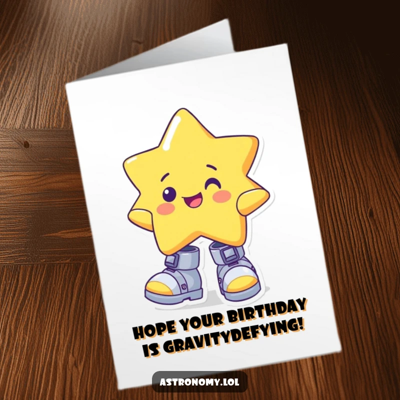 Cheerful Free Printable Birthday Card: Star character wobbles joyfully in comically oversized, wonky gravity boots.