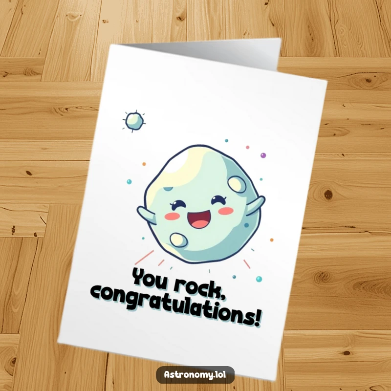 Funny Free Printable Congratulations Card: A joyful asteroid character tumbling through space, symbolizing a successful and energetic launch.