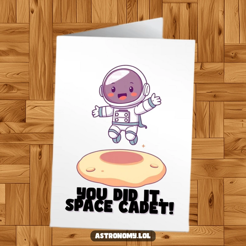 Funny Free Printable Congrats Card: Joyful astronaut character bouncing on a bouncy alien surface, celebrating an achievement.