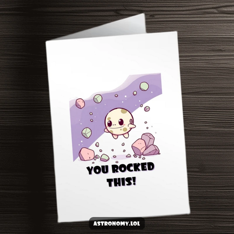 Funny Free Printable Congratulations Card: A determined asteroid character navigates debris triumphantly, celebrating your incredible achievement.