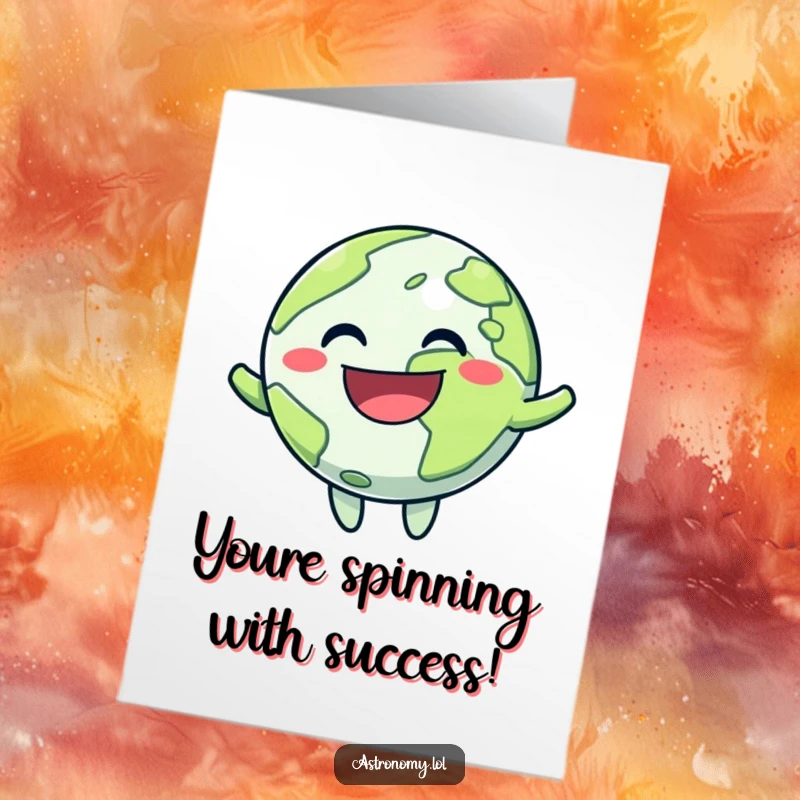 Funny Free Printable Congratulations Card: A happy planet character bouncing with excitement, celebrating a success with a wide grin.