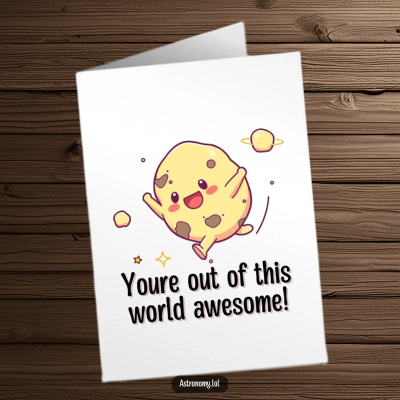 Funny Free Printable Congratulations Card: Joyful asteroid doing a cartwheel, surrounded by stars, celebrating an achievement.