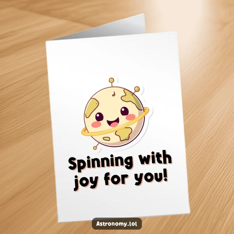 Funny Free Printable Congrats Card: A happy planet character spinning energetically, celebrating achievement with cosmic joy.