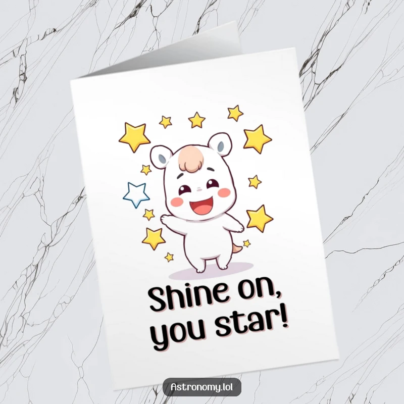 Free Printable Congratulations Card: A silly character juggles radiant stars, celebrating victories with infectious glee.