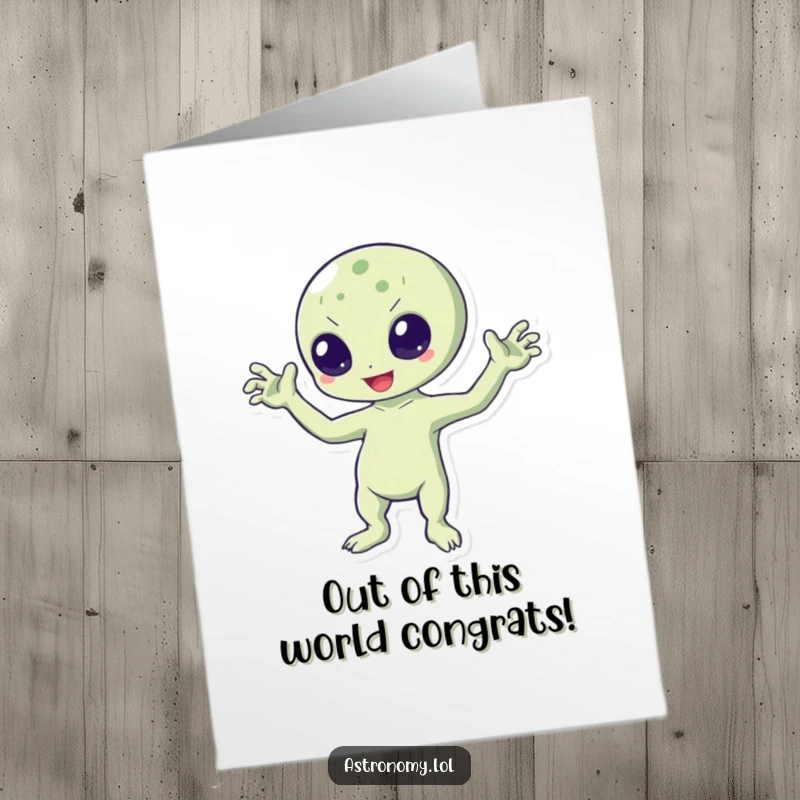 Free Printable Congratulations Card: A jovial alien character with three arms joyfully bouncing and waving, celebrating achievements with cosmic cheer.