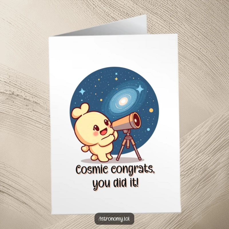 Funny Free Printable Congrats Card: Curious telescope character marveling at a winking galaxy, ideal for congratulations.