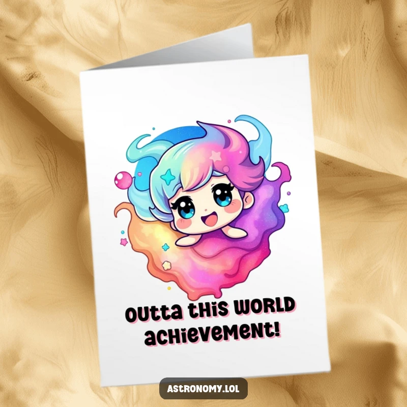 Funny free printable congratulations card showcasing a delighted nebula character in vibrant colors, swirling with cheerful energy for your success.