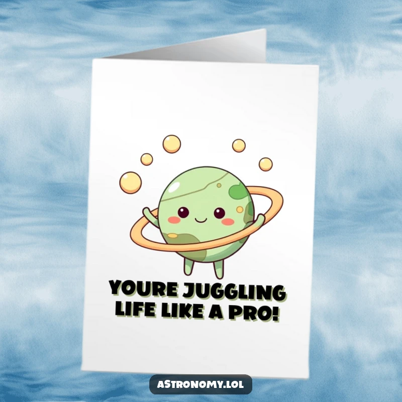 Happy Free Printable Congrats Card: Joyful planet character juggles miniature moons, celebrating success with flair.