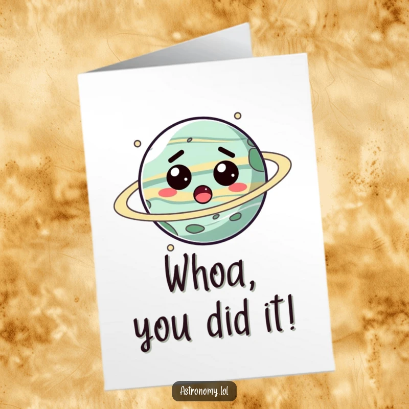 Funny Free Printable Congrats Card featuring a surprised planet character spinning wildly, celebrating unexpected achievements. Downloadable art.