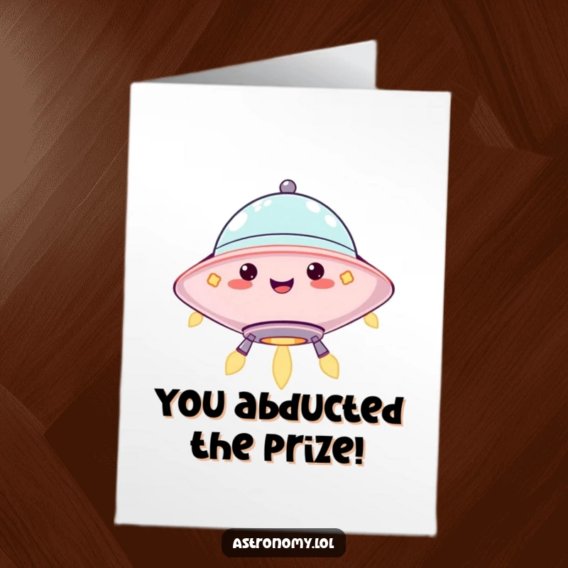 Funny Free Printable Congratulations Card with a jolly UFO character hovering with happy, blinking lights, celebrating achievements.