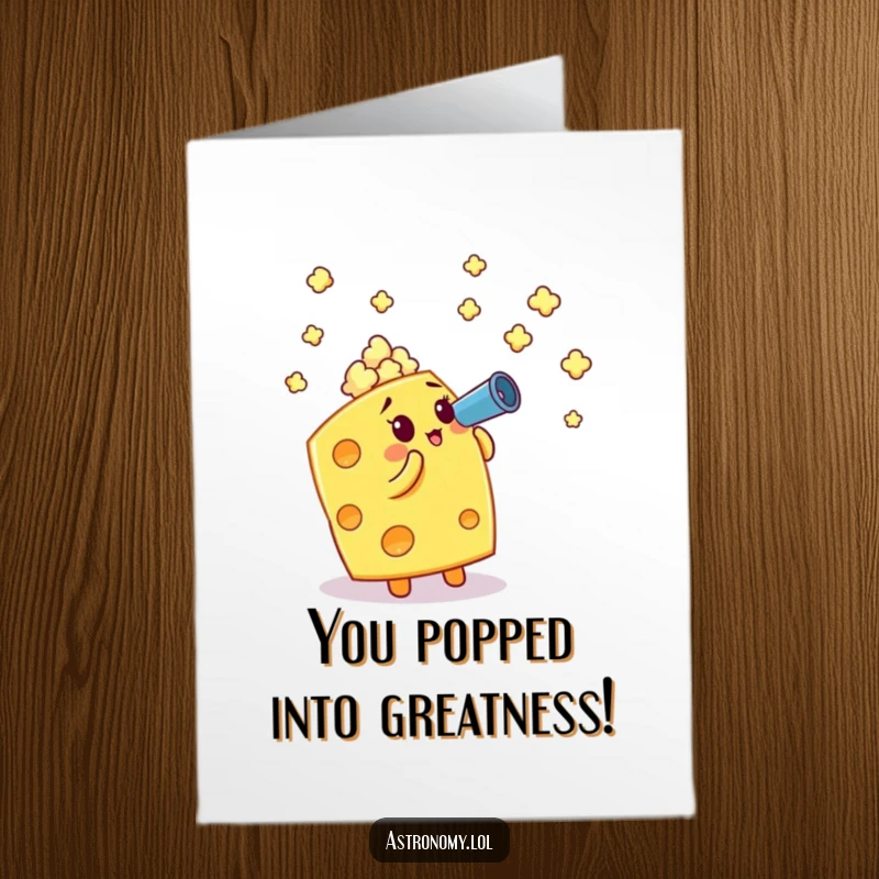 Funny Free Printable Congrats Card: A cheese cube gazes through a telescope at popcorn stars, celebrating lofty accomplishments.