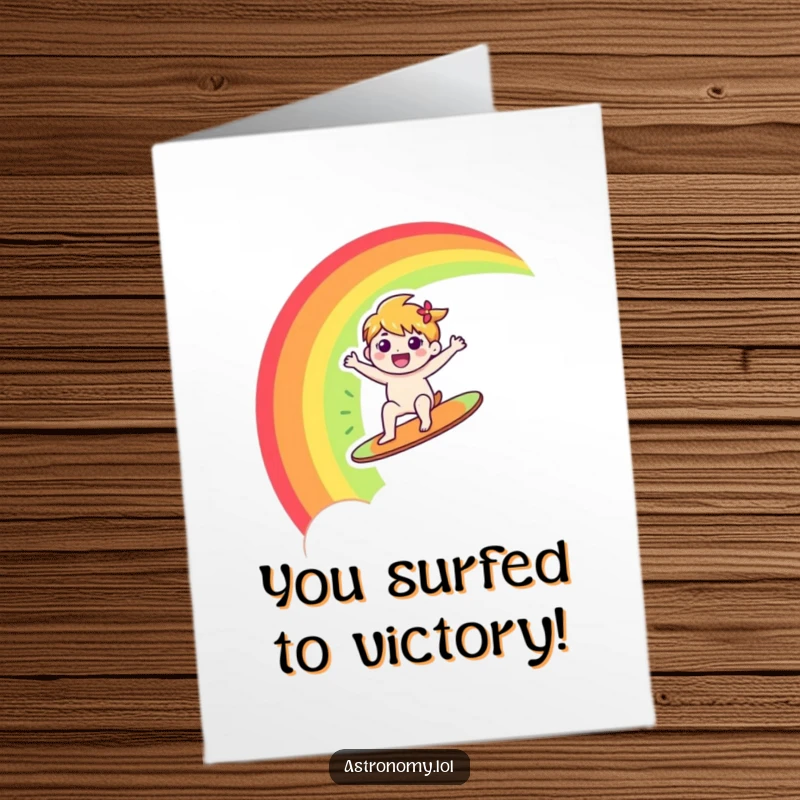 Funny Free Printable Congratulations Card: Character joyfully surfing a rainbow, symbolizing celebration.