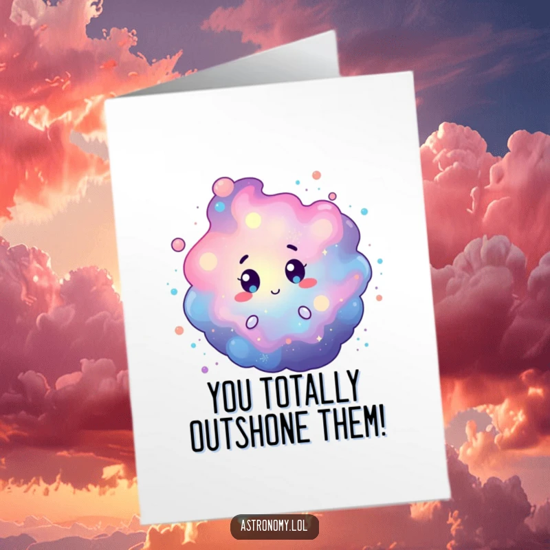 Funny Free Printable Congratulations Card showing a curious nebula character with swirling colorful cosmic dust, perfect for celebrating achievements.