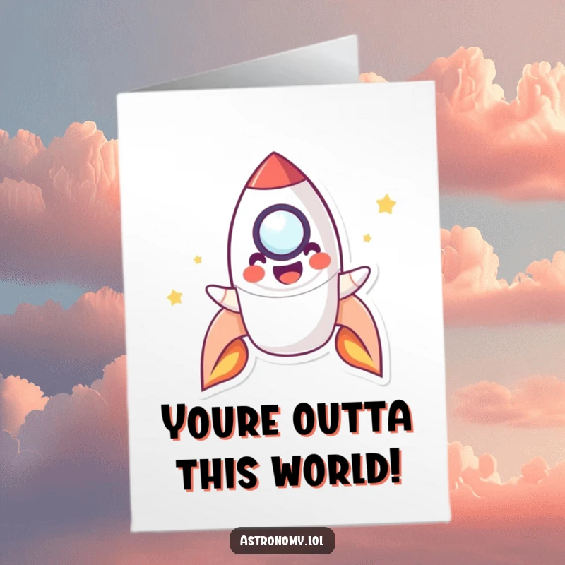 Funny Free Printable Congratulations Card featuring a playful rocket character blasting off with a smile, celebrating a big win.