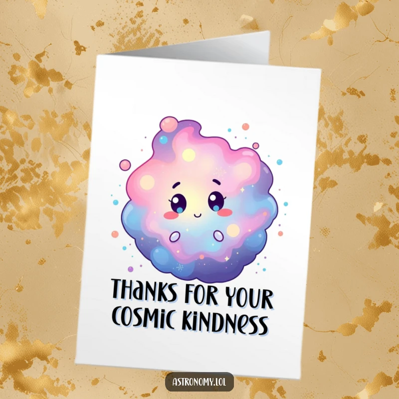 Funny Free Printable Thank You Card featuring a curious nebula character swirling colorful cosmic dust, expressing gratitude in a unique way.