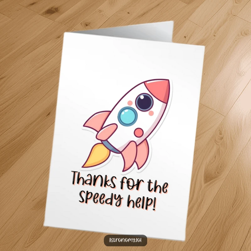 Funny Free Printable Thank You Card: Happy rocket ship character leaving a trail of giggles, expressing thanks.