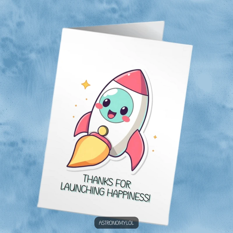 Funny Free Printable Thank You Card: A cheerful rocketship character smiles as it blasts off into the bright blue sky.