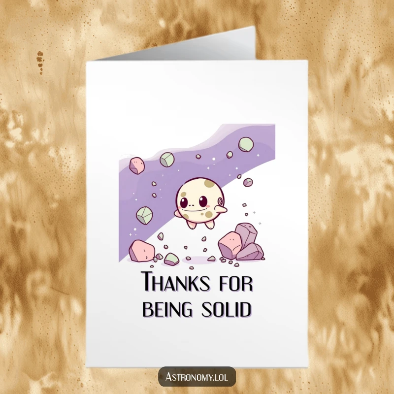 Funny Free Printable Thank You Card: A determined asteroid character navigates debris, offering steadfast and funny thanks.