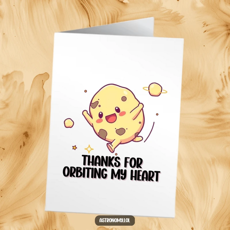 Funny Free Printable Thank You Card: Enthusiastic asteroid performing a cartwheel, conveying thanks in a playful, cosmic style.