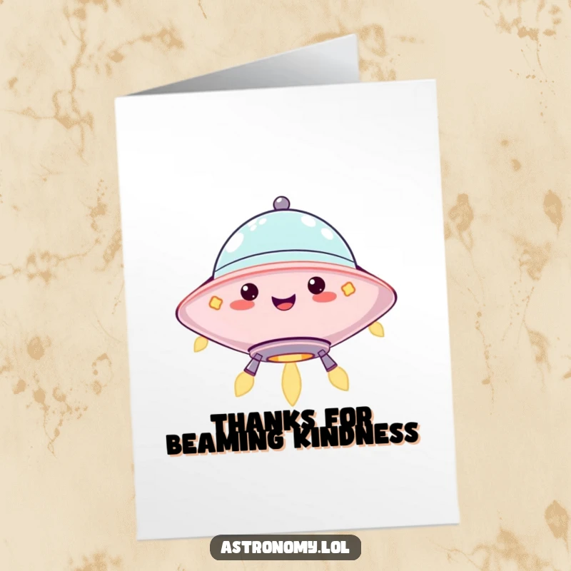 Funny Free Printable Thank You Card featuring a jolly UFO character hovering with happy, blinking lights, showing appreciation.