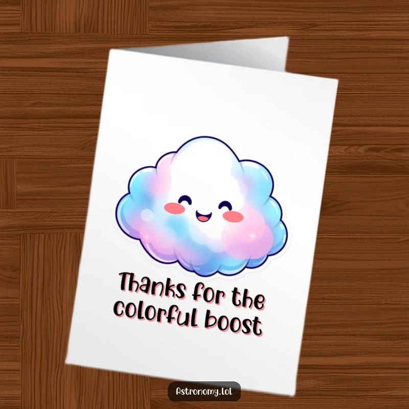 Funny Free Printable Thank You Card with a smiling nebula cloud character expanding with happy colors, conveying colorful and cheerful gratitude.