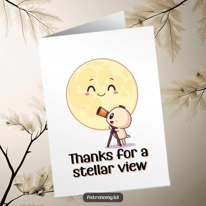 Funny Free Printable Thank You Card with a surprised telescope character looking at a giant, smiling moon, expressing gratitude.