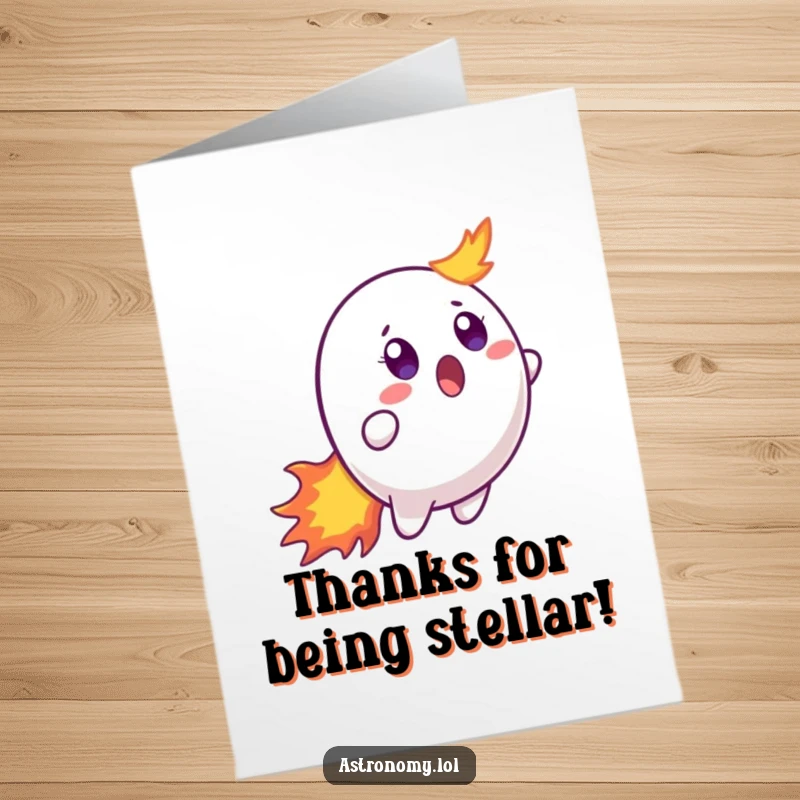 Funny Free Printable Thank You Card: a surprised comet character with a fiery tail, looking grateful and amazed.