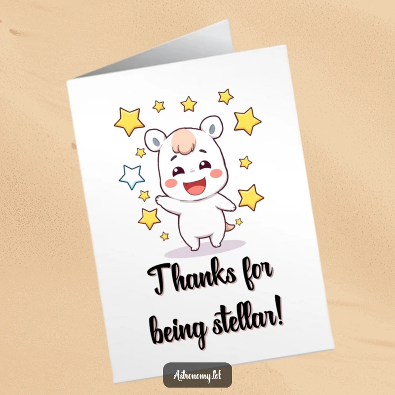 Funny Free Printable Thank You Card: A grinning character juggles shimmering stars, expressing heartfelt thanks with flair.