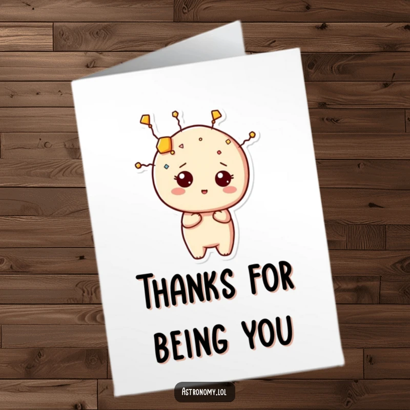 Funny free printable thank you card with a curious constellation character making a silly shape, expressing thanks with stellar humor.